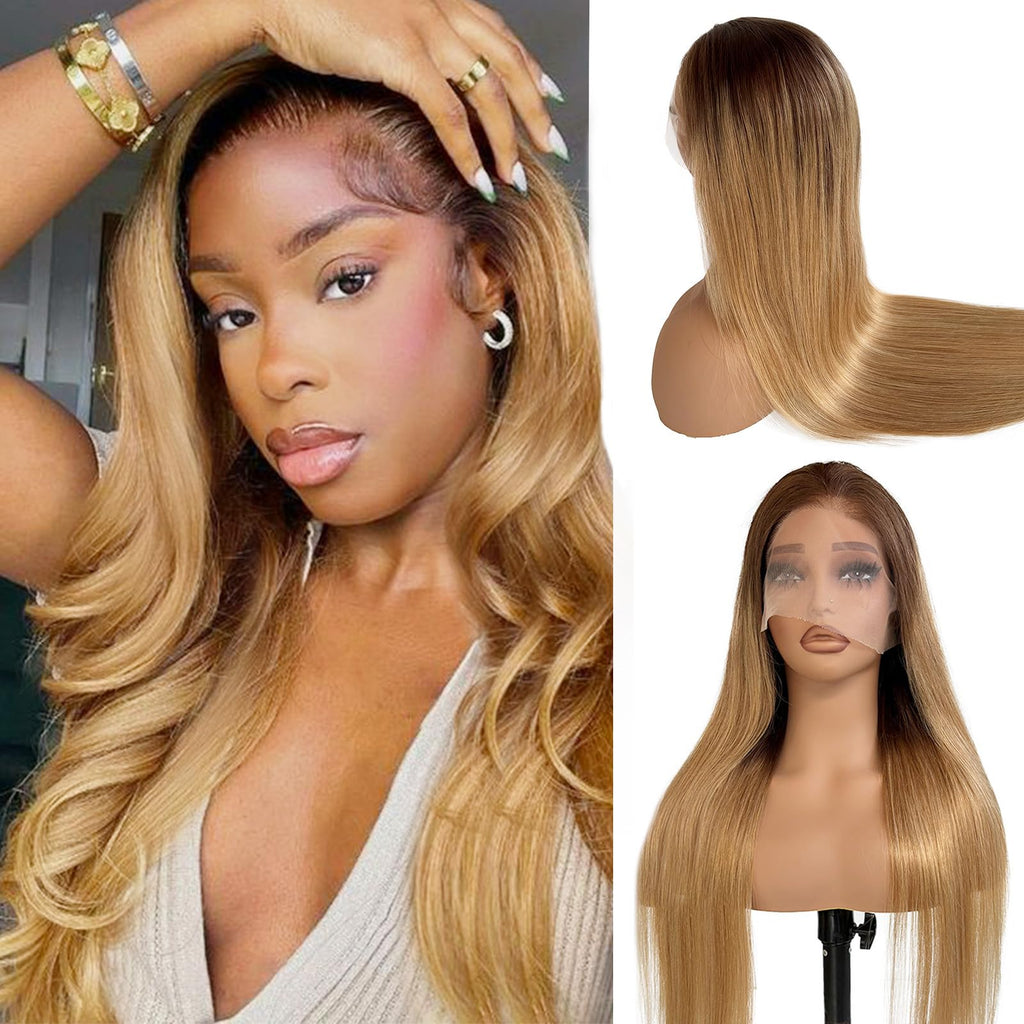 Perruque en Cheveux Humains Ombre Blonde Miel Lace Front pour Femmes Pré-épilée 26 Pouces 13x6 avec Racines Brunes Partie Libre HD Transparente en Dégradé de Blond