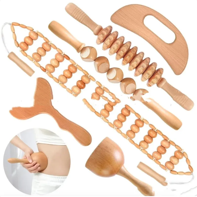 Set de Rouleaux de Massage Anti-Cellulite en Bois — Drainage & Détente