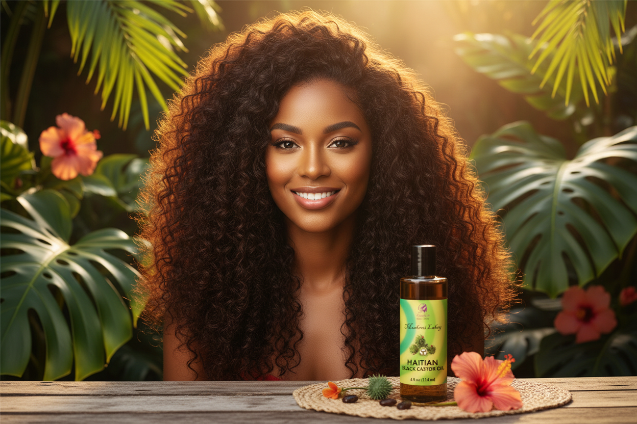 Femme aux cheveux naturels magnifiques avec l'Huile de Ricin Noire Haïtienne Doyleys